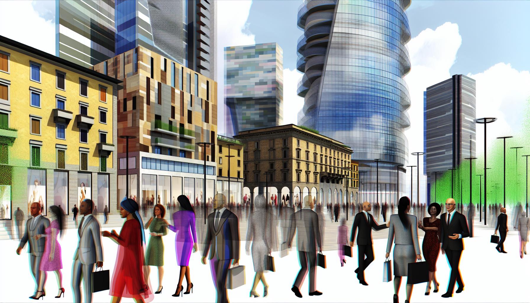 An image of the bustling city of Milan, Italy, showcasing modern architecture, fashion boutiques, and a vibrant business district